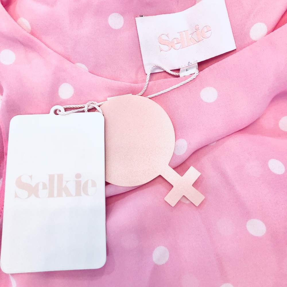 NWT SELKIE Pink polkadot NWT maxi dress large cottagecore puffy - Picture 3 of 8
